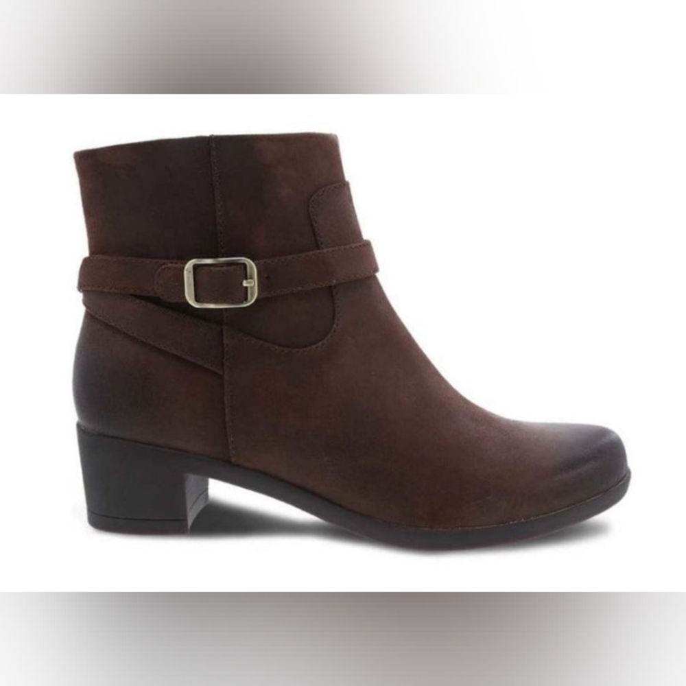 Dansko "Cagney" Nubuck Ankle Boots, Burnished Brown, Side Zip, Gently Pre-Worn